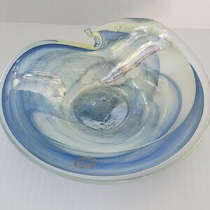 Lavorazione Arte Murano Italy-Soft Blue White Pale Yellow Swirl Design Bowl